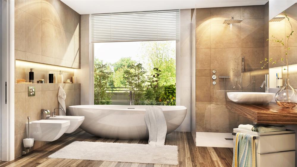 Modern luxury bathroom with freestanding bathtub and walk-in shower